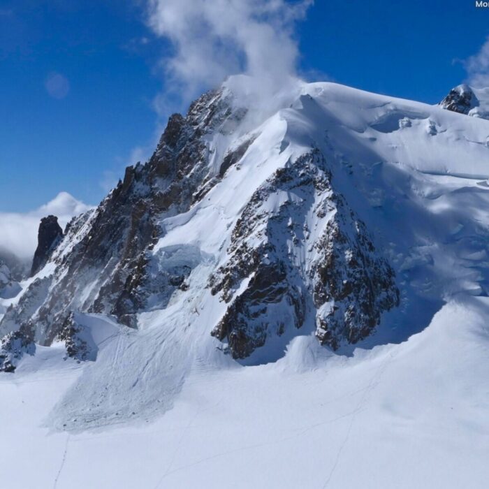 Mont Blanc de Tacul with a large avalance on one of its flanks. 