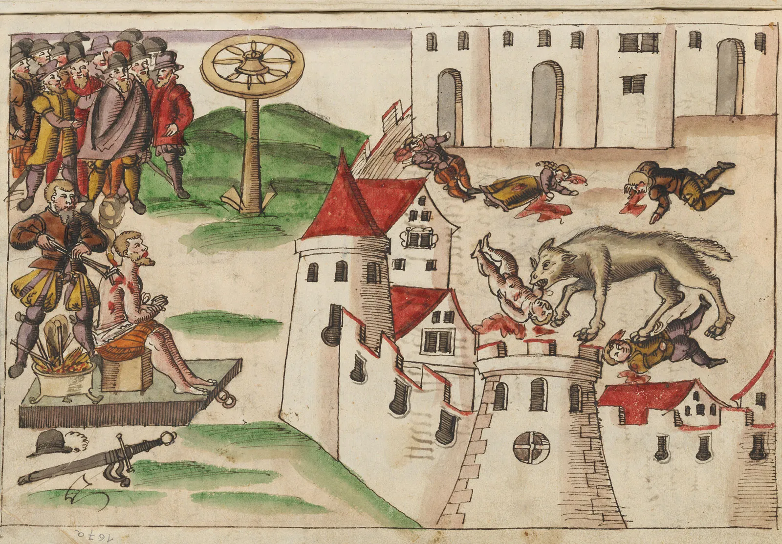 Woodcut of a wolf inside a town chowing down on some children