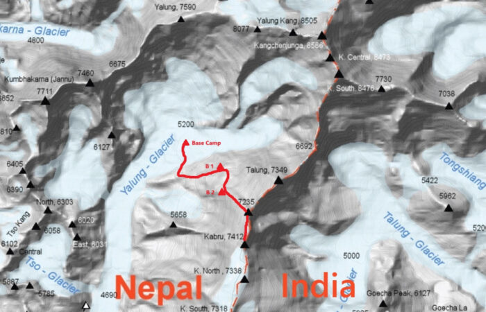 Route topo of a new line on Kabru I, marked on a map of the area's peaks. 