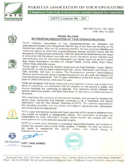 Press release by the Pakistan Association of Tour Operators.
