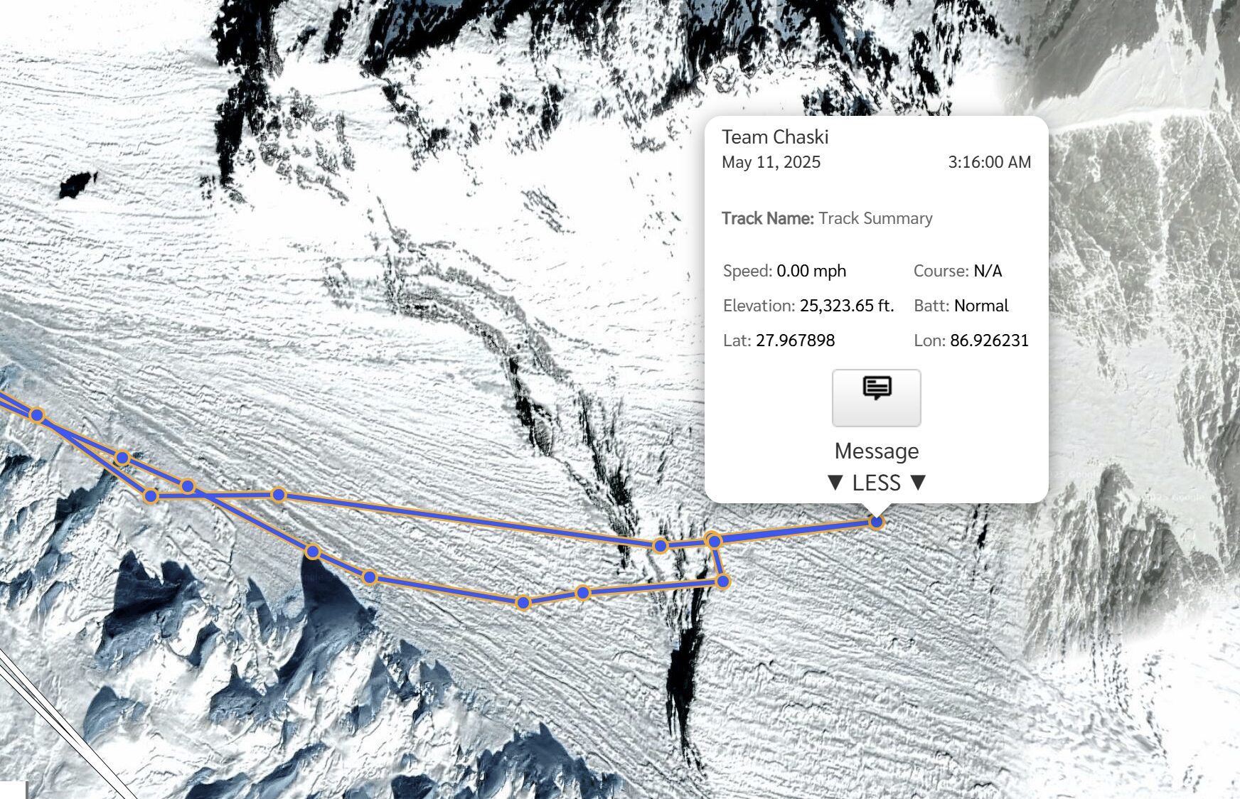 Tyler Andrews' tracker, showing the altitude and time he turned around on Everest.
