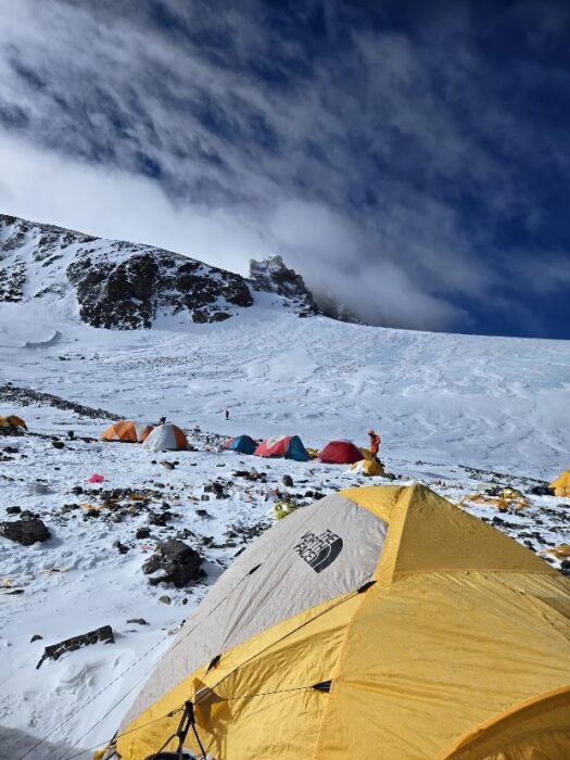 Tents at Everest South Col in a windy day.