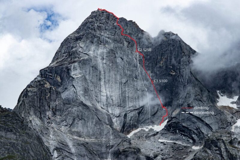 Close-up view of the first ascent of the west face of Seerdengpu.