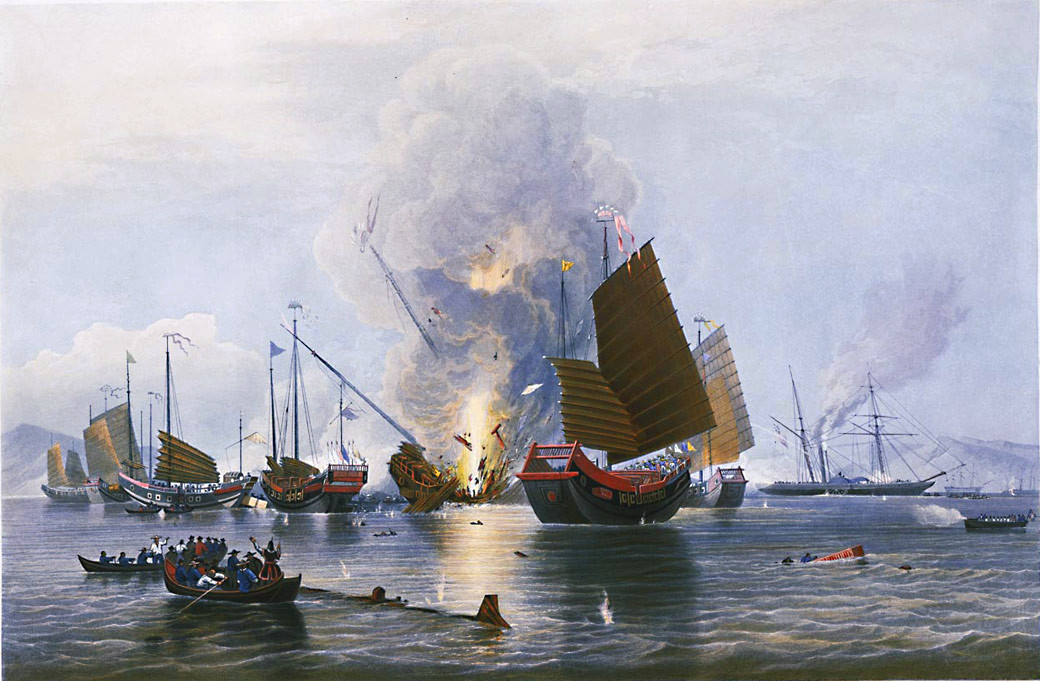 A painting of an iron steamship firing upon many junks