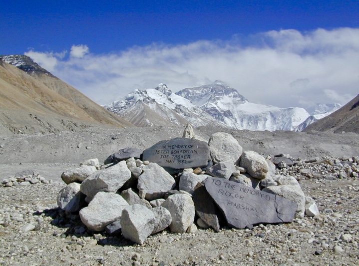 The Boardman Tasker Memorial at Everest Base Camp, with Everest in the background.