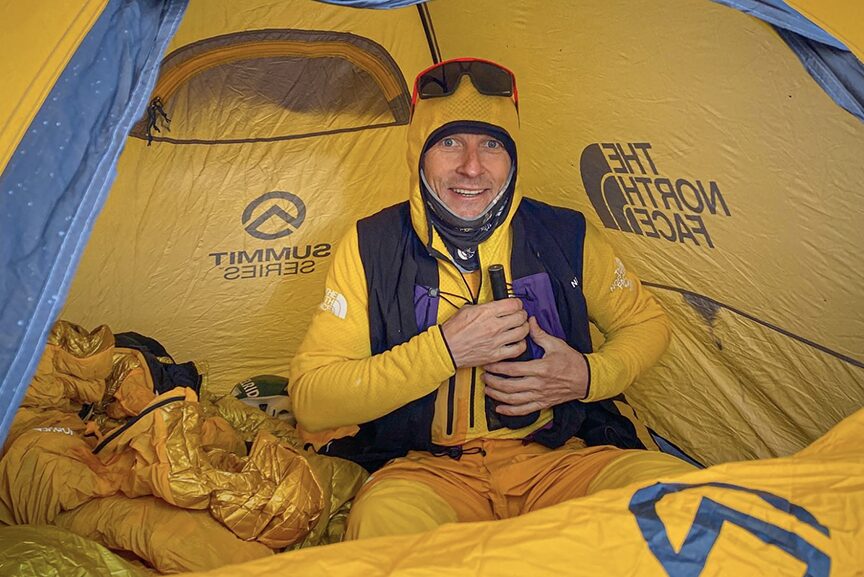 Goettler inside a tent.