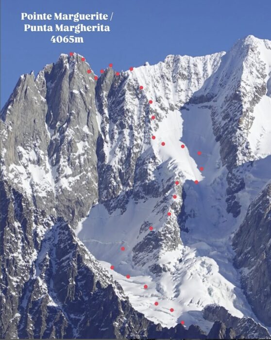 A ski descent line on the West face of Grandes Jorasses.