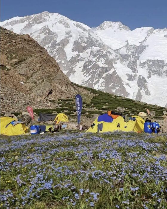 Babga Poarbat Base Camp on grassy meadows full of flowers.