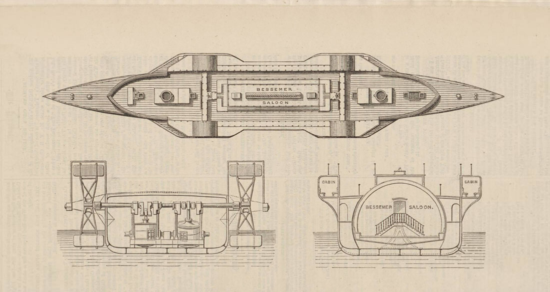 Aerial, transected and detail views of the SS Bessemer design