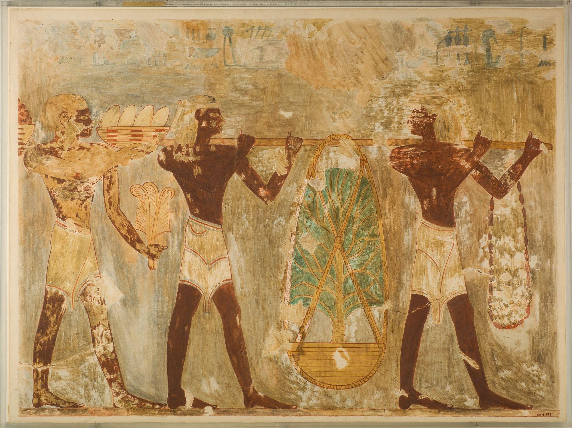 A depiction of men carrying trade goods
