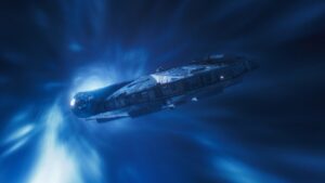An image of a spaceship flying into blue clouds.