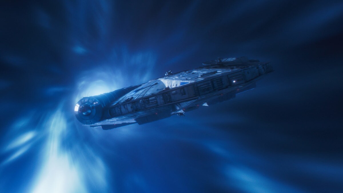 An image of a spaceship flying into blue clouds.