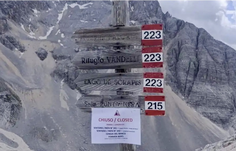Hiking trails closed in the Dolomites due to rockfall danger.
