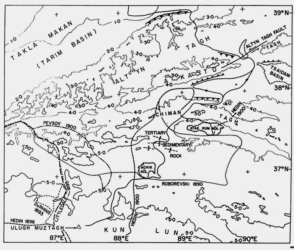 Map of the northern edge of the Tibetan plateau, showing the 1985 route to Ulugh Muztagh.