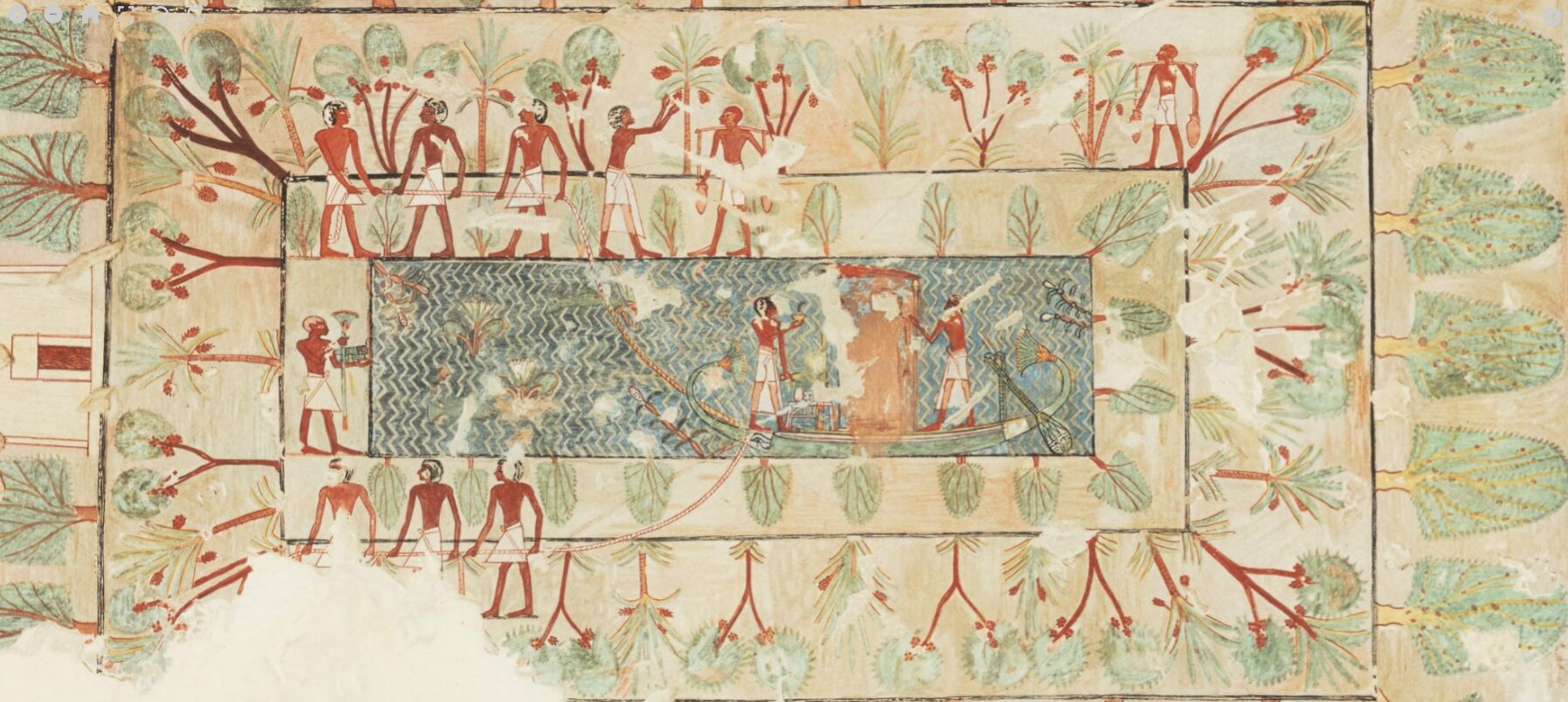 A scene showing a boat, men and trees