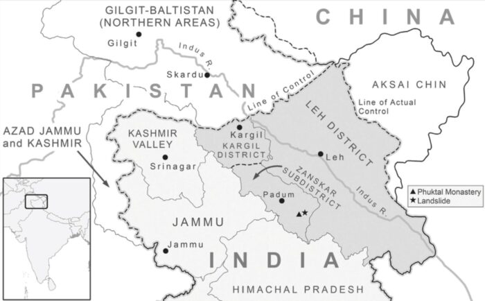 Black and white map of Ladack, located between Pakistan and China.