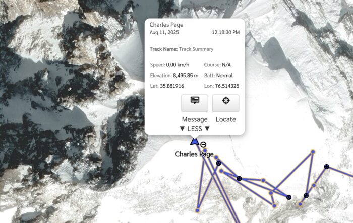 tracker locating a climber near the summit of K2.