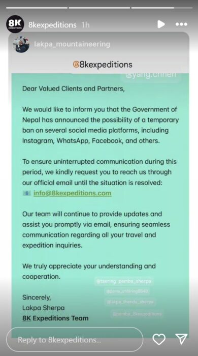 Text message by 8K Expeditions on Instagram. 