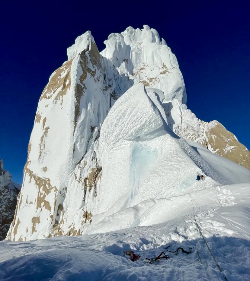 Colin Haley's highpoint on Cerro Torre in 2023, on top of the Elmo. 