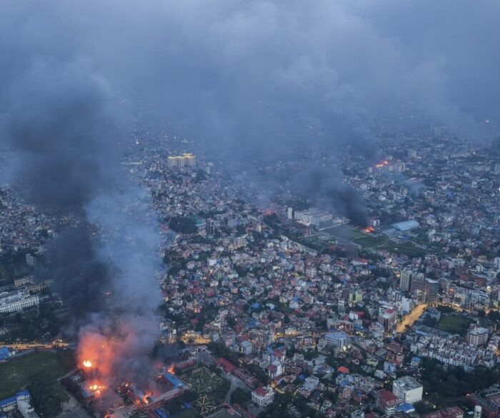 Aerial view of Kathmandu with several fires. 