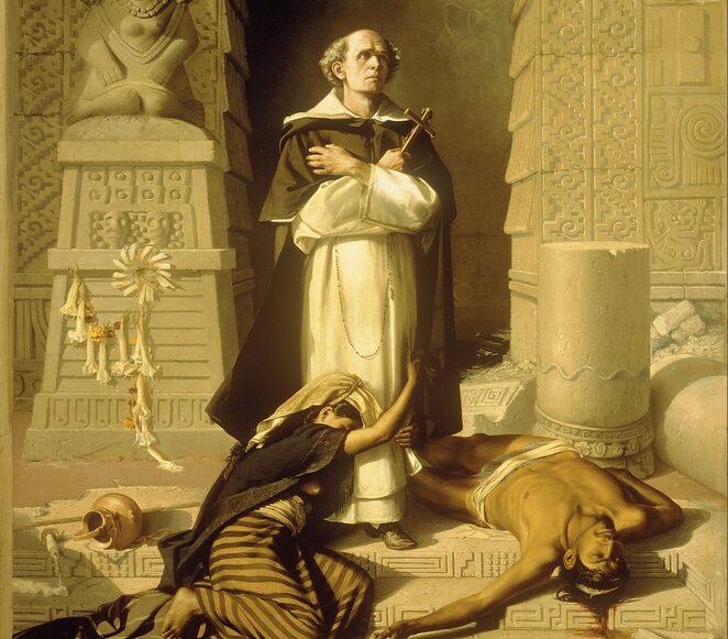 A painting of a priest at a Meso-American temple, with dying people at his feet.