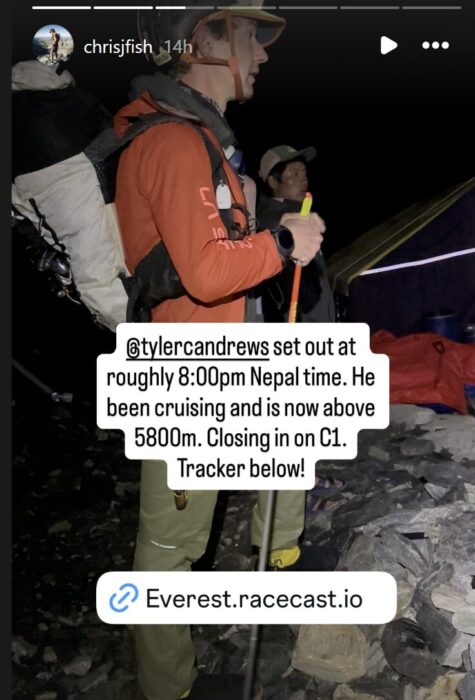 OG story with text and a photo of tyler leaving Base Camp in the dark.