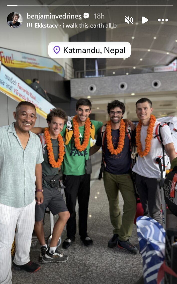 IG story with four French climbers and a Nepalese operator at Kathmandu airport. 