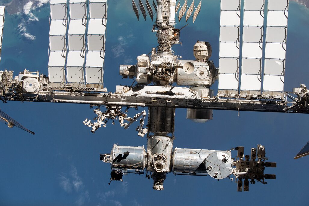 The International Space Station, seen from an orbiting spacecraft.