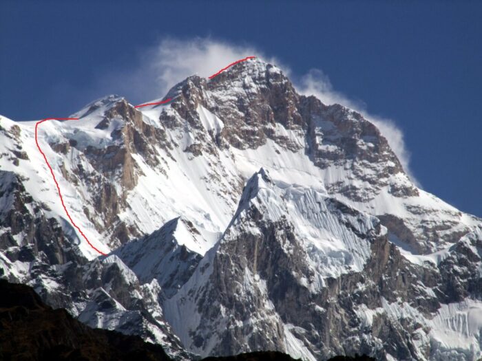 SW face of Manaslu with Messner route marked.