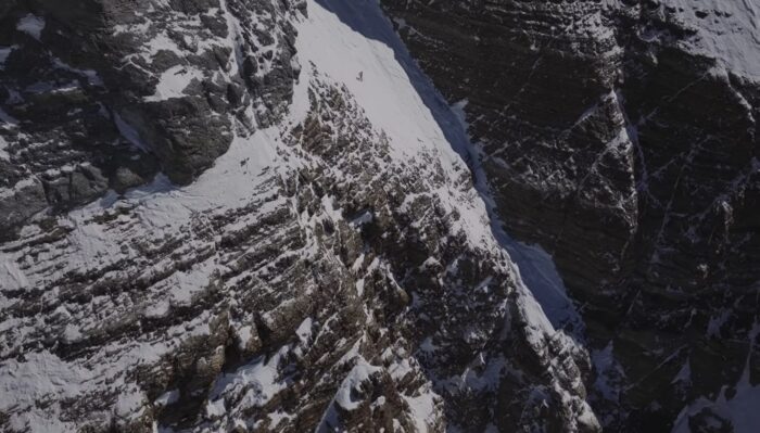 A dot on the Hornbein Couloir of Everest, actully Jim Morrison skiing it down.