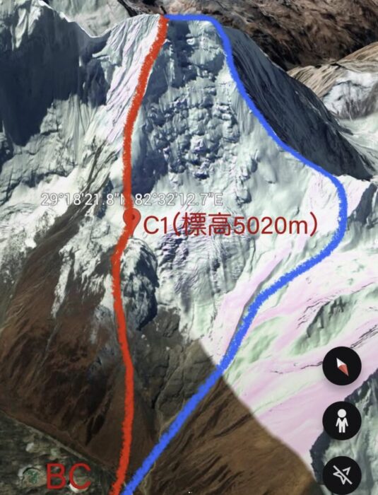 Two routes marked in blue and red on a 3D image of the mountain, as seen from the north.