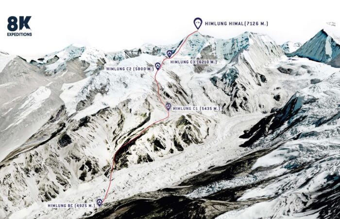 A 3d image of Himlung with route marked. 