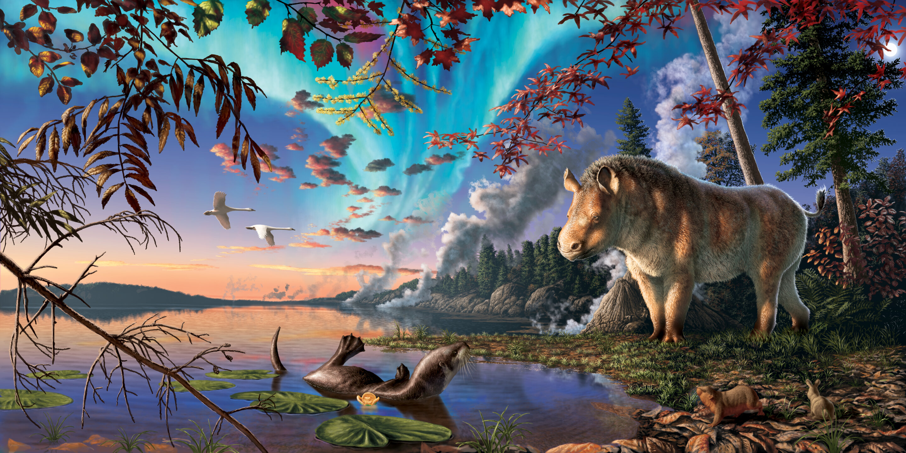 Colourful illustration of a hornless, shagy rhino standing by a lake