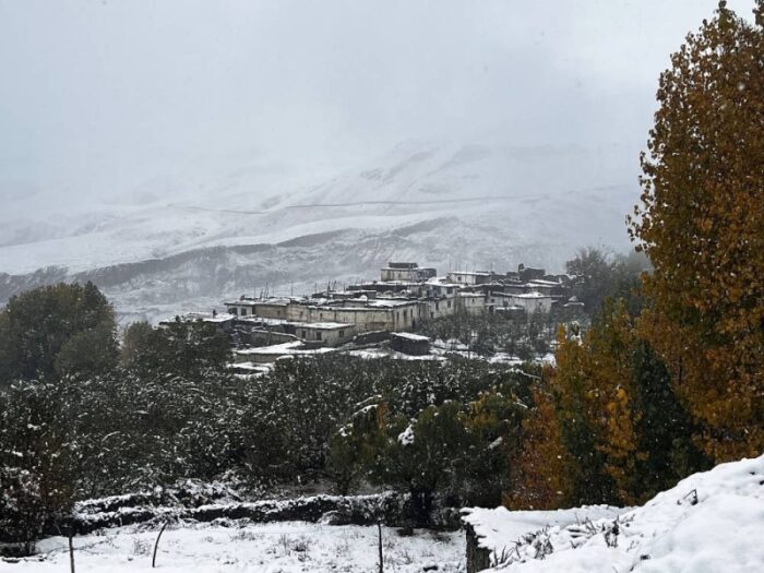 A village with a layer of fresh snow.