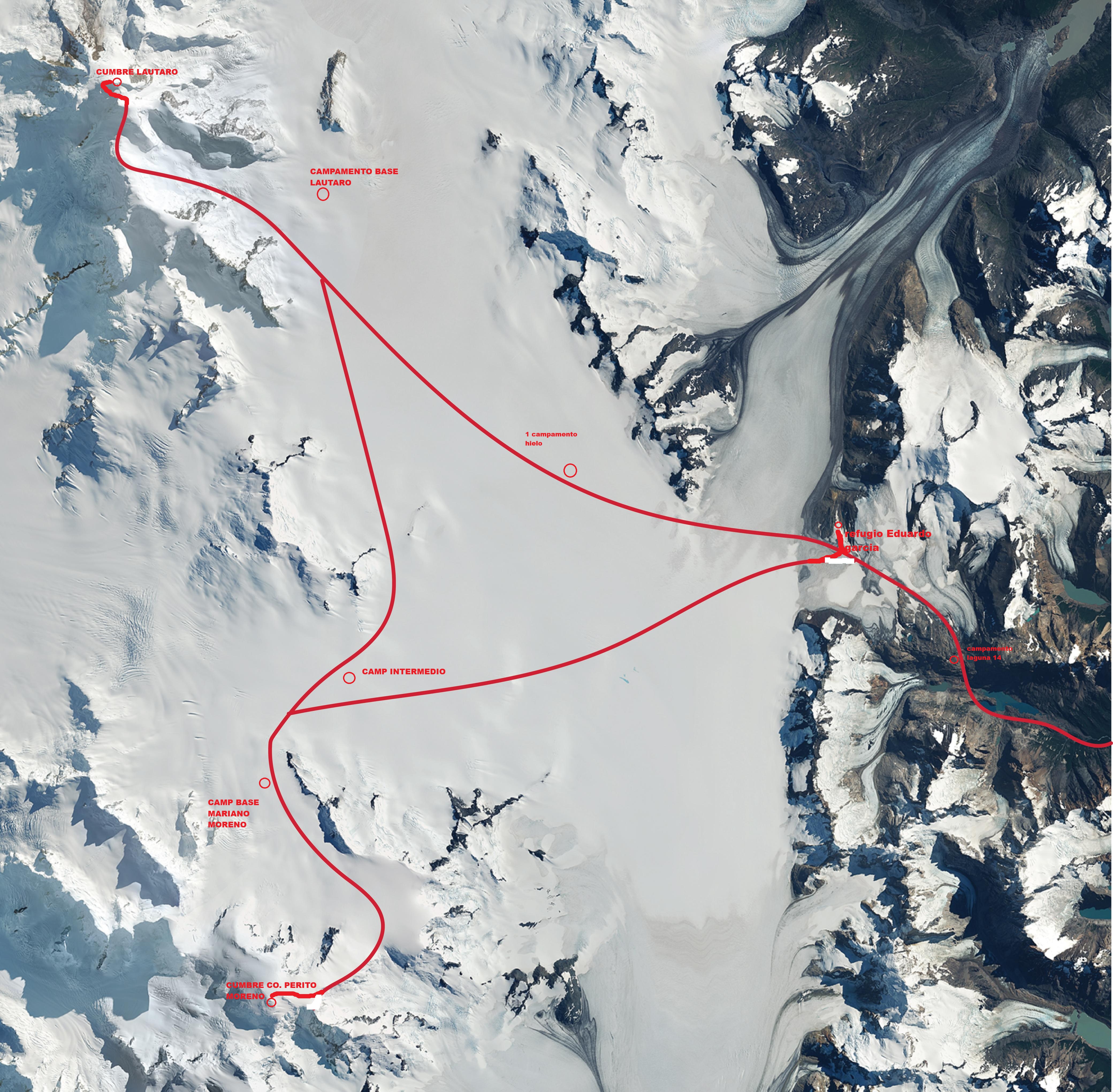 A journey's topo on an aerial photo of the Patagonian Southern Ice Field.