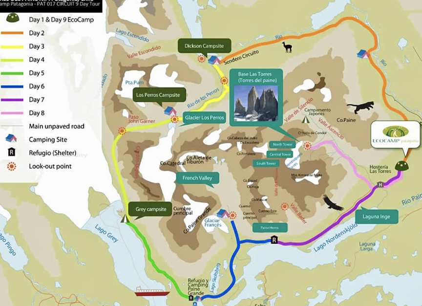 map of the O Circuit trail in Torres del Paine National Park