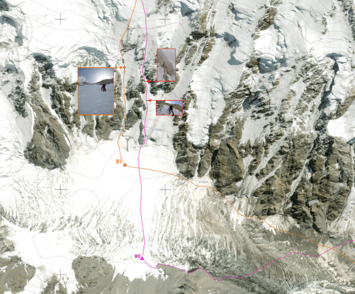 Routes marked on a somital picture of Nanga Parbat.
