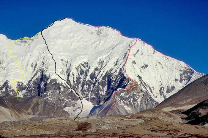 Routes marked in different colors on a photo of Everest's Kangchung face. 