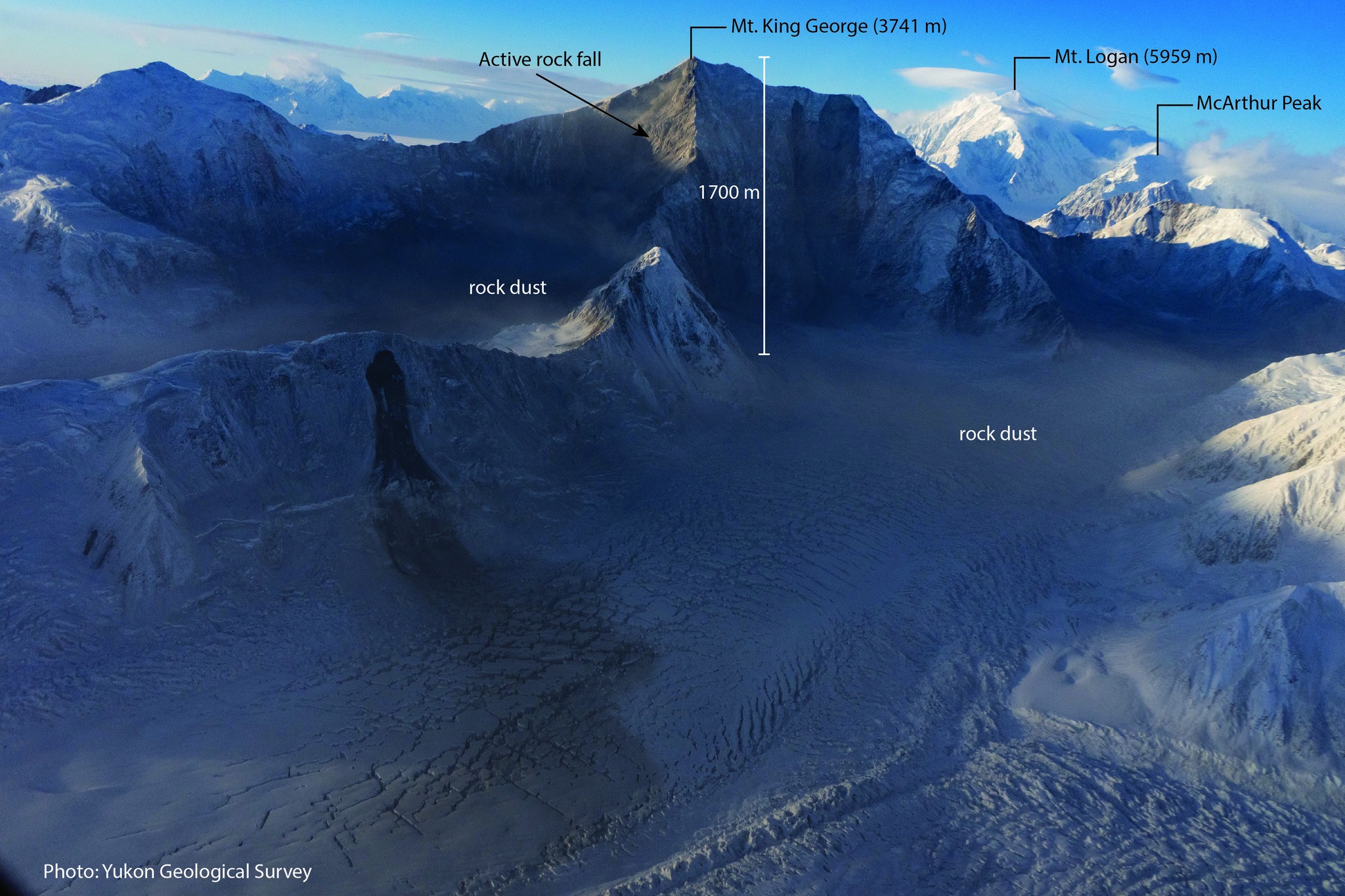 A photo of a mountain with the air clouded by dust.