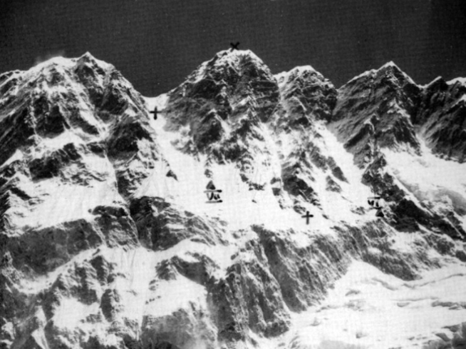 The top section of Nuptse with sites of camps and accidents marked with "x".