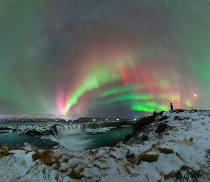 Northern lights over the Godafoss waterfalls