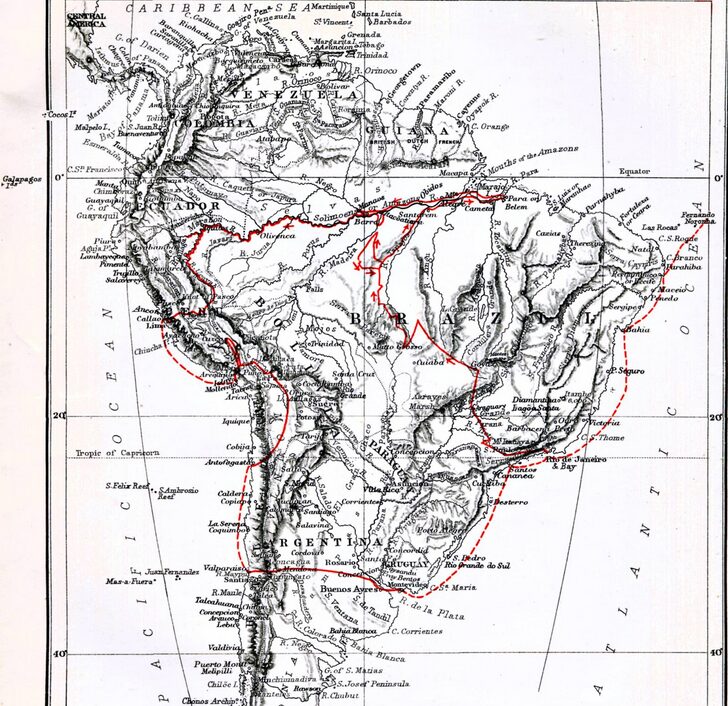 A map of South America, with route marked in red