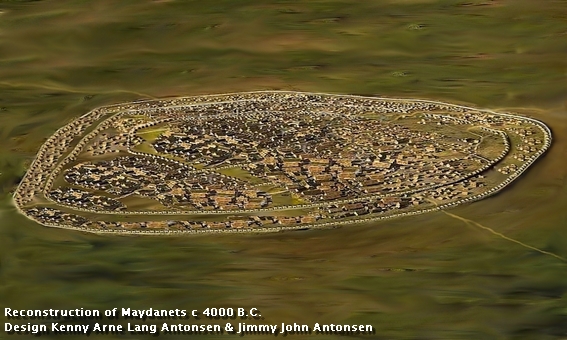 A reconstruction of a Neolithic ringed city.