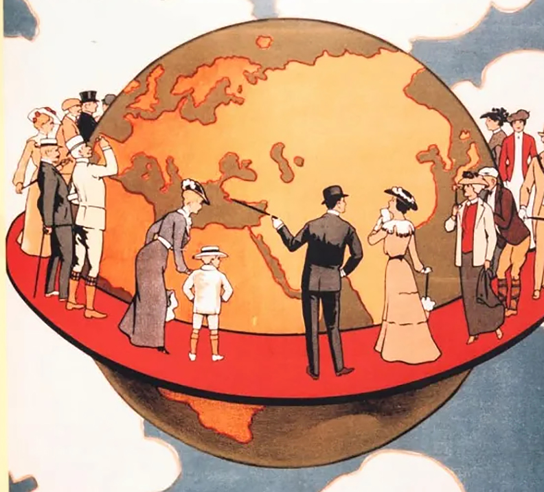 Vintage illustration of Edwardian travellers and a globe