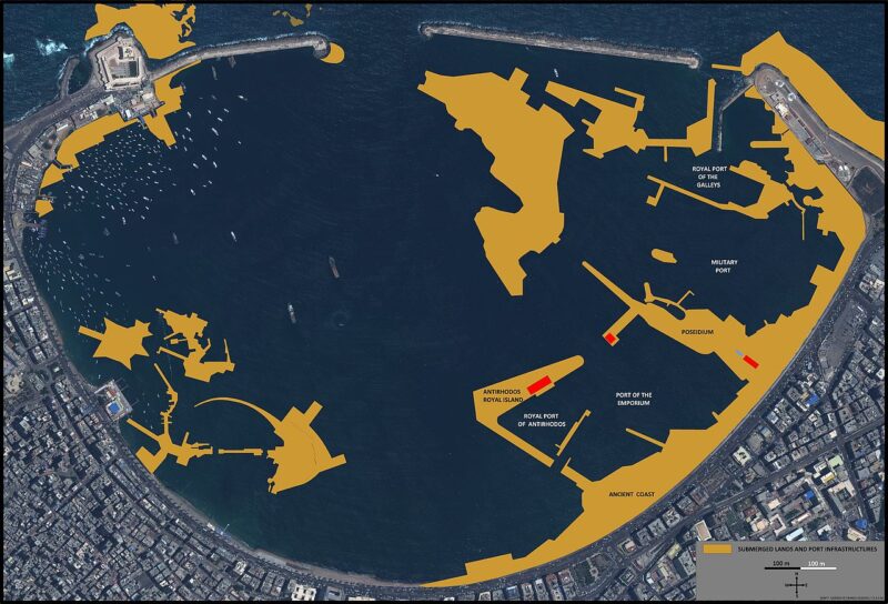 Map of the remains of the Portus Magnus with the Port of the Royal Island of Antirhodos.