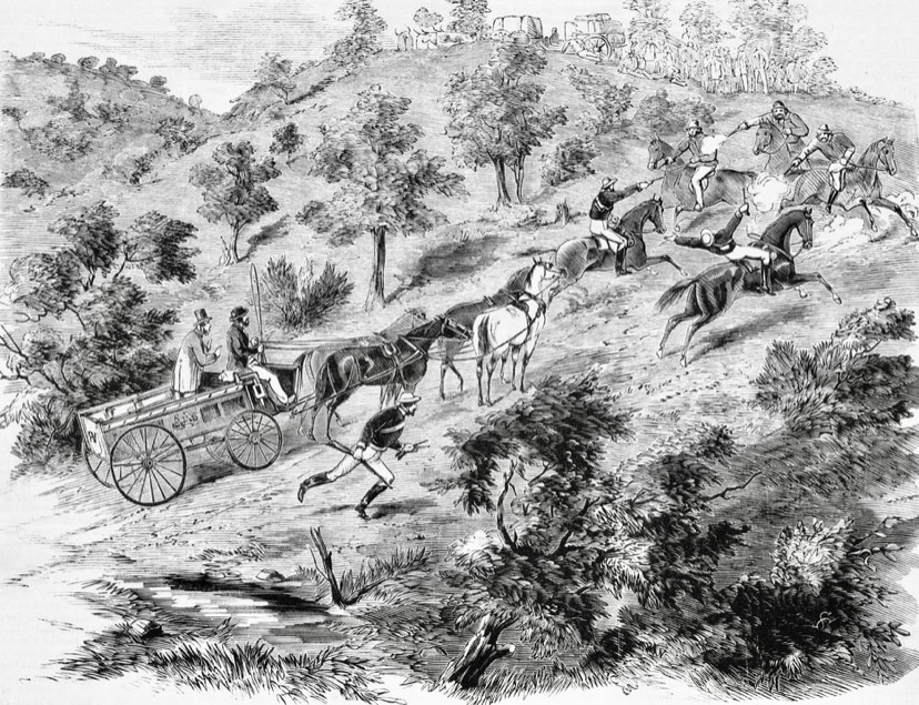 Bushrangers Ben Hall, John Gilbert, and John Dunn attack police officers.