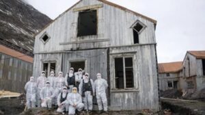The restoration team outside the villa.
