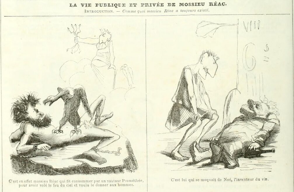 A cartoon showing a man in various mythological scenes