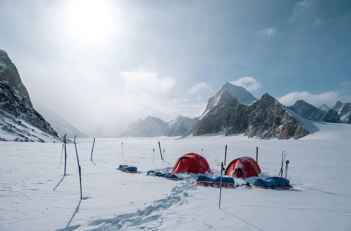 Setting up camp on the Fork Beard Glacier.