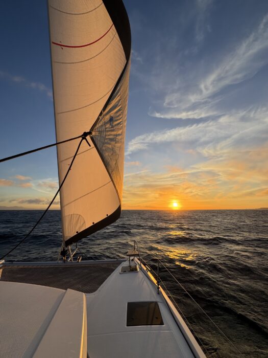 A catamaran boat with sail up and sun setting on the horizon